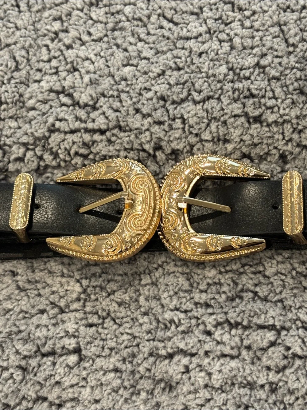 Double Buckle Black Leather Western Belt with Gold Hardware